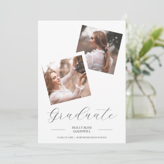 Extravagantes Skript 2 Fotos Collage Abschluss Einladung (Stehend Vorderseite)