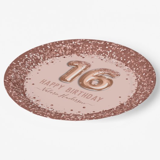 Extravagantes Skript Rosa Glitzer Happy 16. Geburt Pappteller (Schrägansicht)