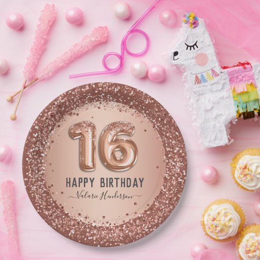 Extravagantes Skript Rosa Glitzer Happy 16. Geburt Pappteller (Party)