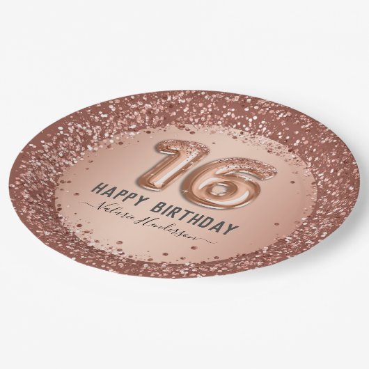 Extravagantes Skript Rosa Glitzer Happy 16. Geburt Pappteller (Schrägansicht)