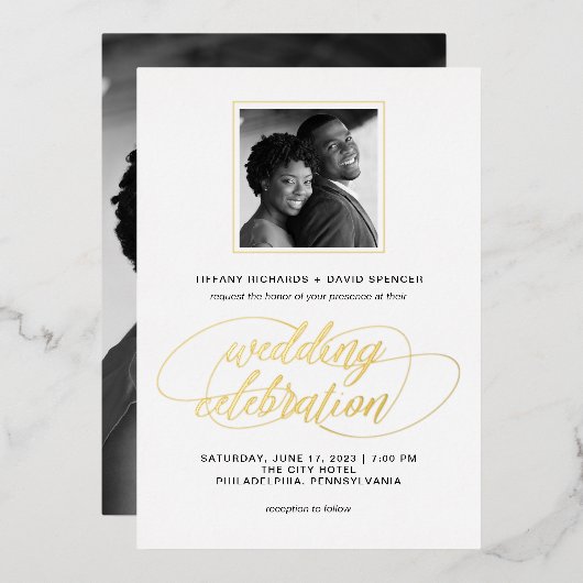 Extravagantes Skript und Foto | Hochzeitsgold Folieneinladung (Vorderseite/Rückseite)