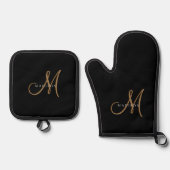 Extravagantes, stylisches Black Gold Monogram Scri Ofenhandschuh & Topflappen-Set (Vorderseite)