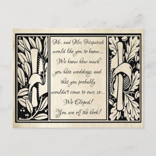 Extravagantes Vintages Pergament Funny We Eloped Ankündigungspostkarte (Vorderseite)