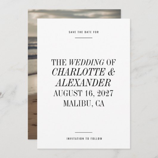 Extrem minimale Typografie Schwarz-weiße Foto Hoch Save The Date (Vorne/Hinten)