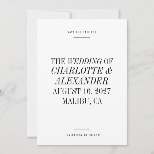 Extrem minimale Typografie Schwarz-weiße Hochzeit Save The Date (Vorderseite)