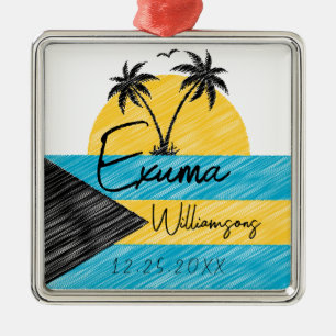 Exuma Bahamas Flag Palm Tree Sunset Souvenirs Ornament Aus Metall
