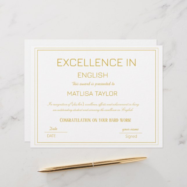 Exzellenzzertifikat in englischer Sprache (Vorderseite/Rückseite Beispiel)