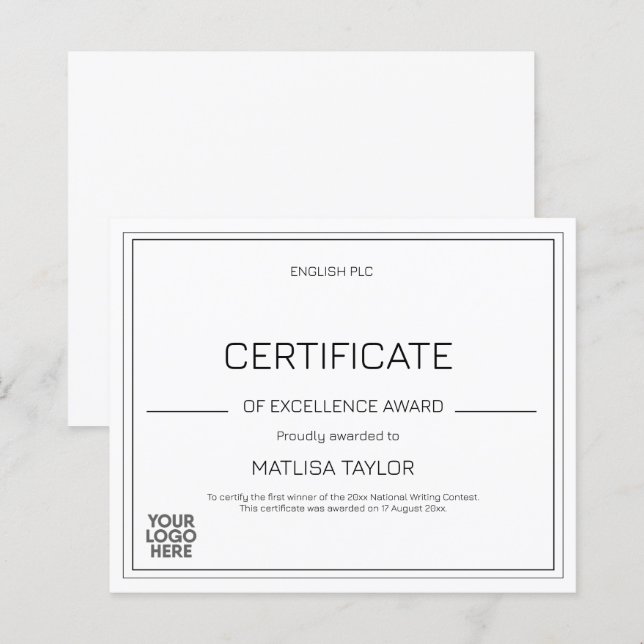 Exzellenzzertifikat Schwarz-weißes Logo (Vorne/Hinten)