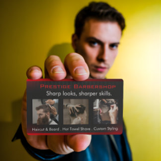 Eye-Catching Modern Barber in Red Black White Visitenkarte