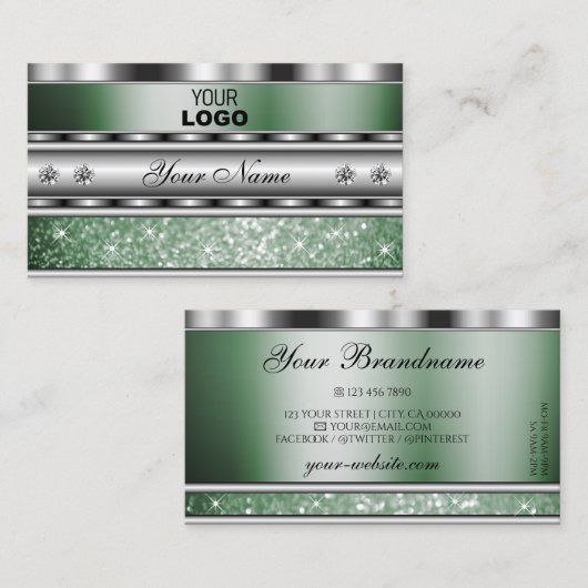 Eye Catching Silver Green Sparkle Glitzer Add Logo Visitenkarte (Vorne/Hinten)