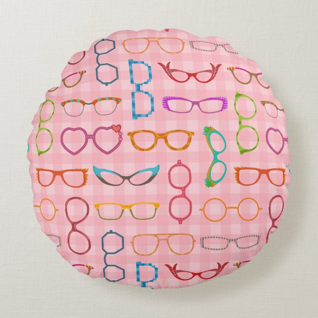 Eyegbrille Retro Moderner Hipster mit Pink Gingham Rundes Kissen (Vorderseite)