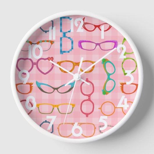 Eyegbrille Retro Moderner Hipster mit Pink Gingham Wanduhr (Vorderseite)