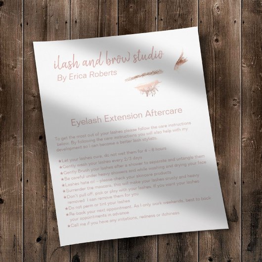 Eyelash & Brow Makeup Artist Aftercare Instruction Flyer