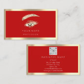 Eyelash Brow Makeup Logo Qr Code Red Gold Frame Visitenkarte (Vorne/Hinten)