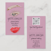 Eyelash Brow Makeup Logo QRCode Kiss Lips Rose Visitenkarte (Vorne/Hinten)