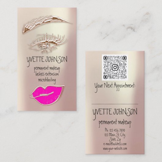 Eyelash Brow Makeup Logo QRCode Rose Pink Lip Visitenkarte (Vorne/Hinten)
