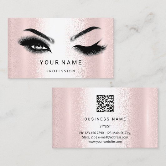 Eyelash Brow Microblade. QR CODE-Logo Silber Rosa Visitenkarte (Vorne/Hinten)
