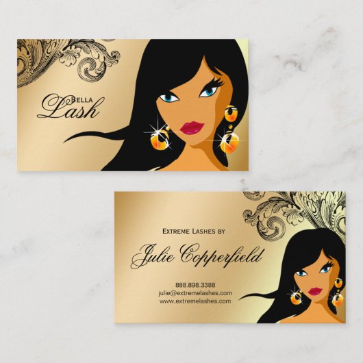 Eyelash Business Card Gold Ethnische Frau Tan 2 Visitenkarte (Vorne/Hinten)
