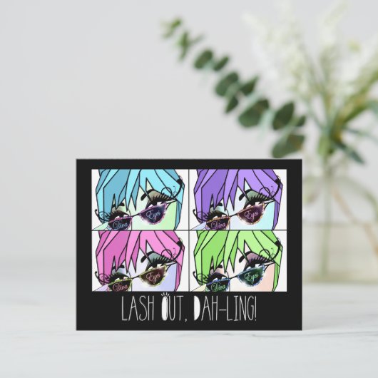 Eyelash DIVA - "LASH OUT!" Postkarte (Stehend Vorderseite)