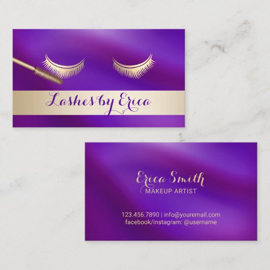 Eyelash Erweiterungen Makeup Artist Gold & Lila Visitenkarte (Vorne/Hinten)