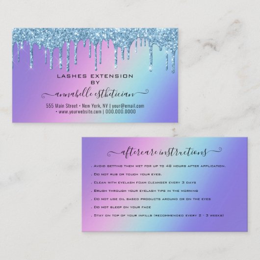 Eyelash Extension Aftercare Instruction Glitzern Visitenkarte (Vorne/Hinten)