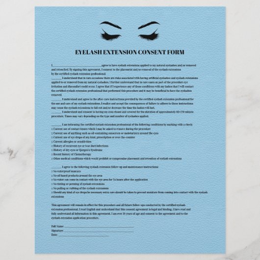 EYELASH EXTENSION CONSENT FORMULAR FÜR BLUE Leder Flyer (Vorne)