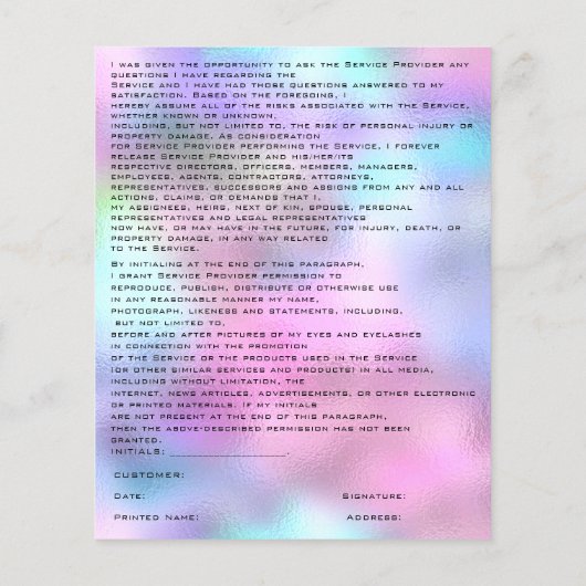 EYELASH EXTENSION RELEASE WAIVER Holograph Tropfen Flyer (Hinten)