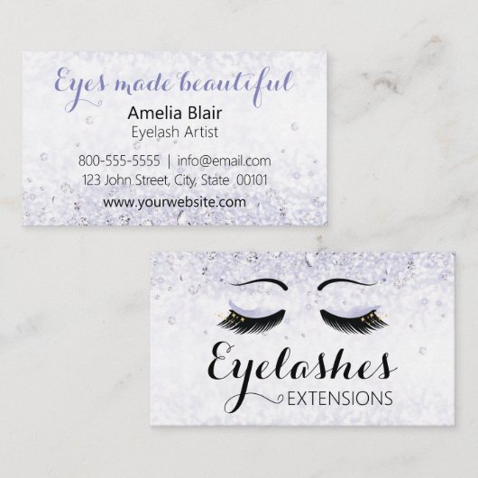 Eyelash Extensions Glitzern und Diamonds Lila Visitenkarte (Vorne/Hinten)
