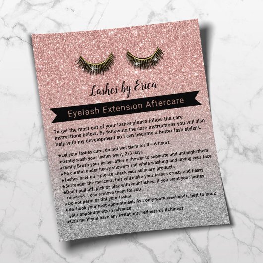 Eyelash Extensions Rose Gold Aftercare Instruction Flyer