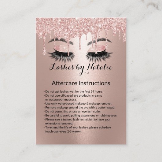 Eyelash Extensions Rose Gold Aftercare Instruction Visitenkarte (Vorderseite)