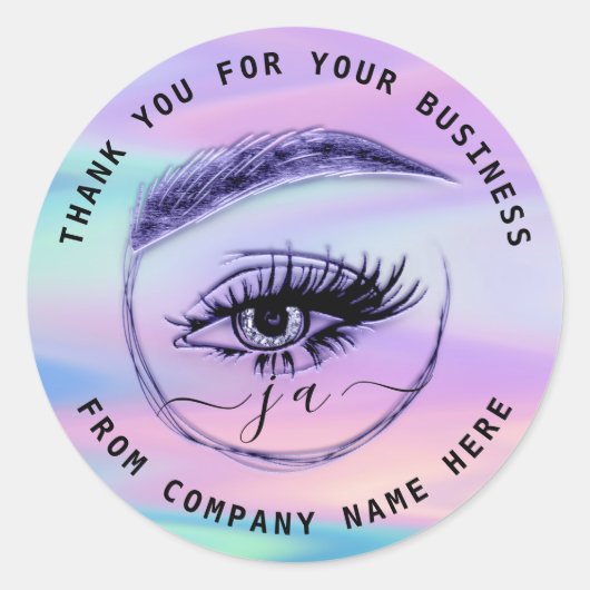Eyelash Logo Name Holograph Danke Monogram Lila Runder Aufkleber (Vorderseite)