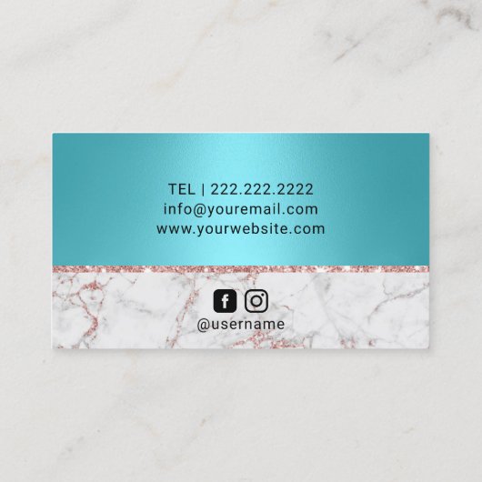 Eyelash Makeup Artist Türkis Rose Gold Marmor Visitenkarte (Rückseite)
