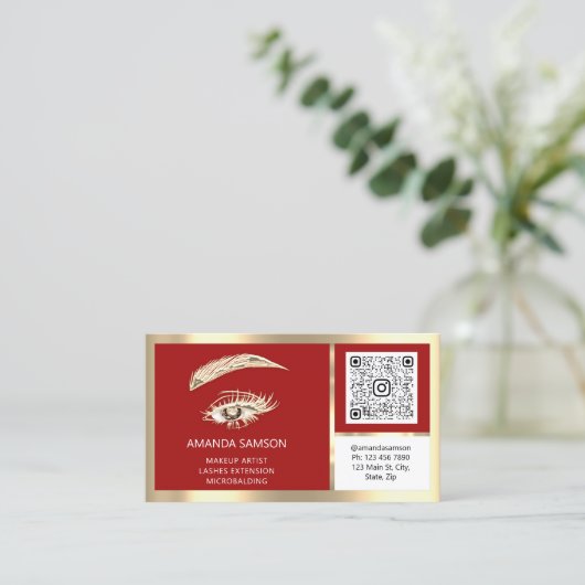 Eyelash Microblade QR CODE Aftercare Red Gold Visitenkarte (Stehend Vorderseite)