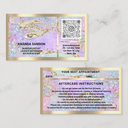 Eyelash Microblade QRCODE Aftercare Gold Holograph Visitenkarte (Vorne/Hinten)