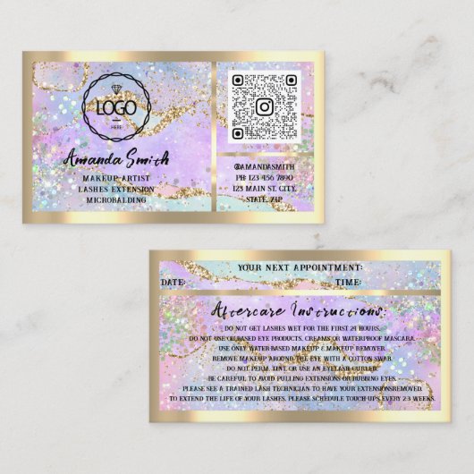 Eyelash Microblade QRCode Logo Holograph Aftercare Visitenkarte (Vorne/Hinten)