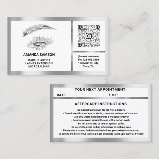 Eyelash Microblade QRCODE Nachsorge Silber Weiß Visitenkarte (Vorne/Hinten)