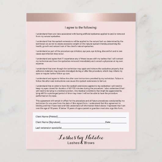 Eyelash Salon Haftung Waiver Rose Gold Border Flyer (Hinten)