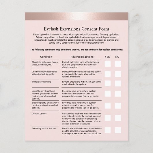 Eyelash Salon Haftung Waiver Rose Gold Border Flyer (Vorne)