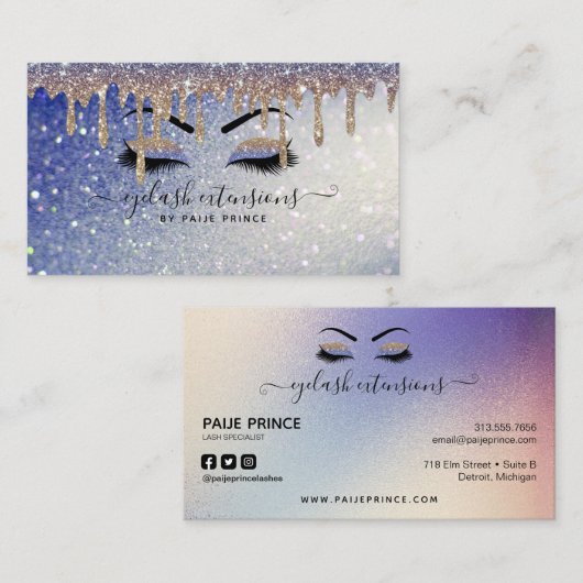 Eyelash Tech Lash Stylist Gold Blue Glitzer Tropfe Visitenkarte (Vorne/Hinten)