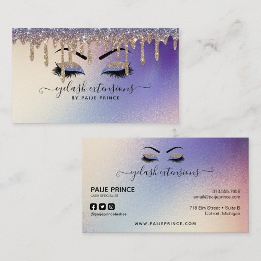 Eyelash Tech Lash Stylist Gold Blue Glitzer Tropfe Visitenkarte (Vorne/Hinten)