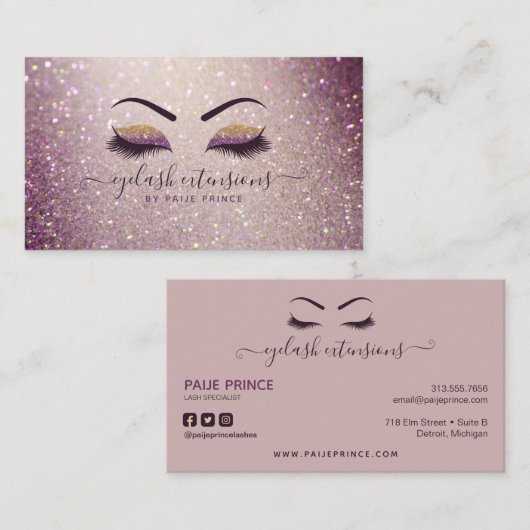 Eyelash Techniker Lash Stylist Lila Glitzer Visitenkarte (Vorne/Hinten)
