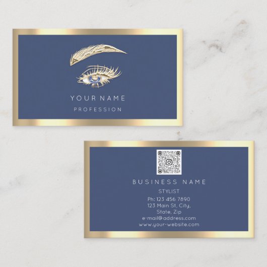 Eyelashes Brow Makeup Logo Qr Code Blue Navy Gold Visitenkarte (Vorne/Hinten)