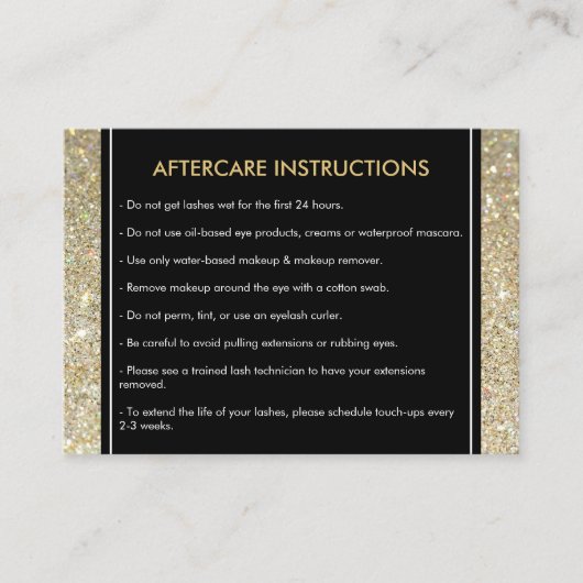 Eyelashes mit Gold Glitzer Salon Aftercare Card Visitenkarte (Vorderseite)