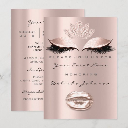 Eyes Lips Sweet 16. Tropfen Glitzer Bridal Makeup Einladung (Vorne/Hinten)