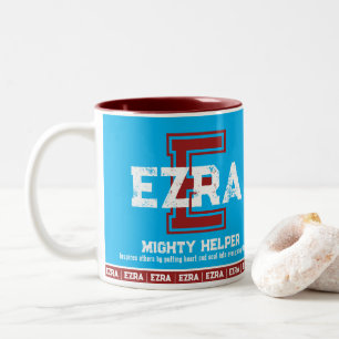 Ezra Name bedeutet Sport E monogramm blauer Maroon Zweifarbige Tasse