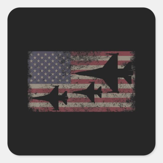 F16 Fighter Jet Plane USA Flag Patriot Quadratischer Aufkleber (Vorderseite)