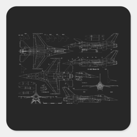 F16 Jet Aircraft Fighter Jet Blueprint Design Quadratischer Aufkleber (Vorderseite)