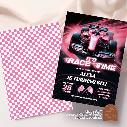 F1 Pink Racing Car Birthday Girl Einladung