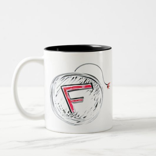 F Bombe| Es ist ein Doodle einer Bombe mit einem F Zweifarbige Tasse (Links)