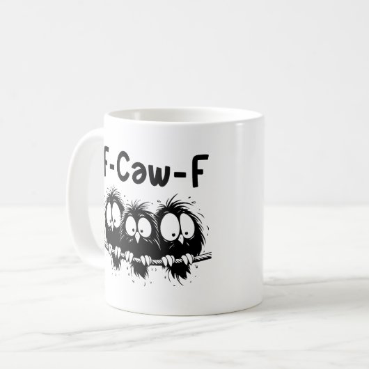 "F-Caw-F" Funny Startled Birds Mug Kaffeetasse (Vorderseite Links)